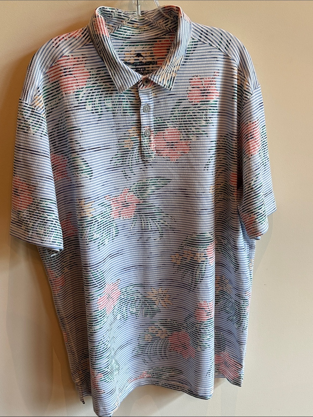 Tommy Bahama Light Blue Striped Polo with Pink Floral Print
